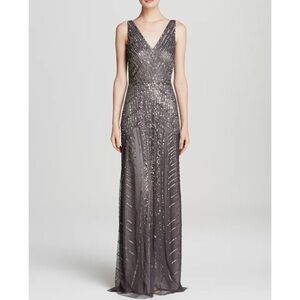 Adrianna Papell Gown Formal Dress Maxi- Sleeveless V-Neck Beaded 0